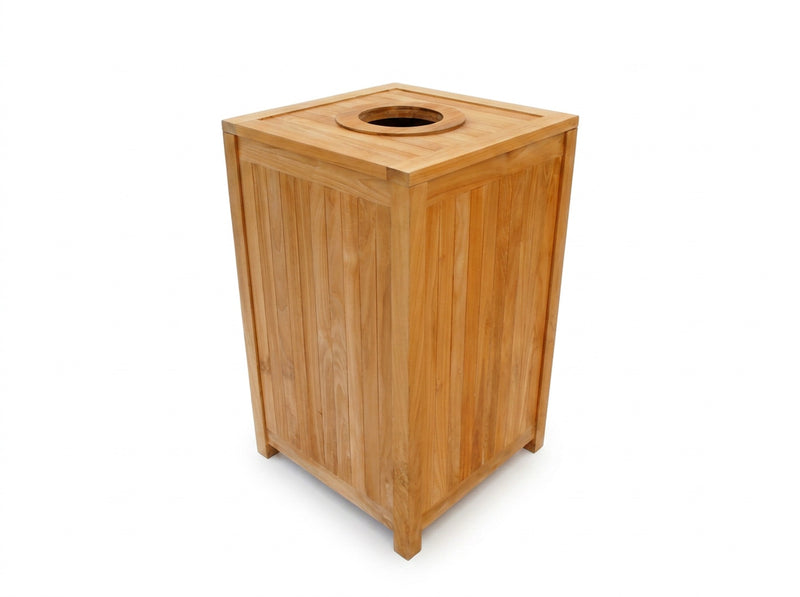 teak outdoor rubbish bin with top access angled view