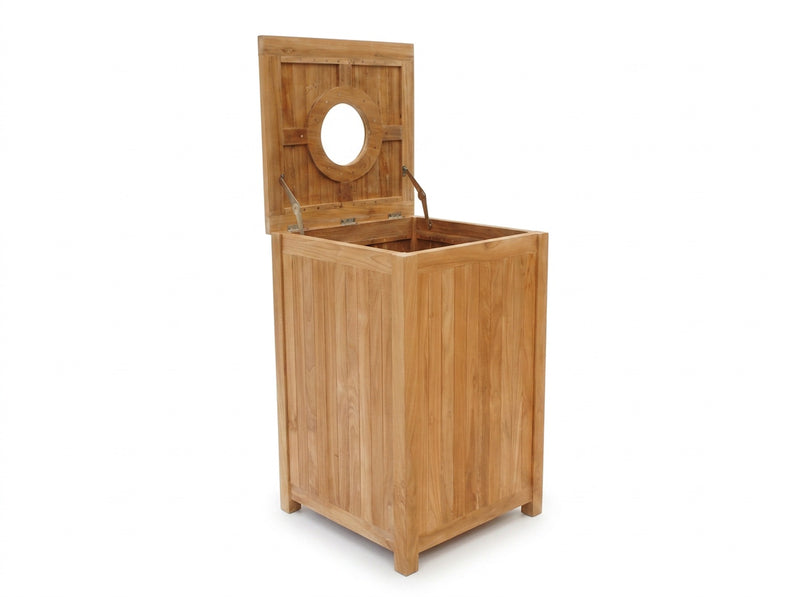 teak outdoor rubbish bin with top access open view