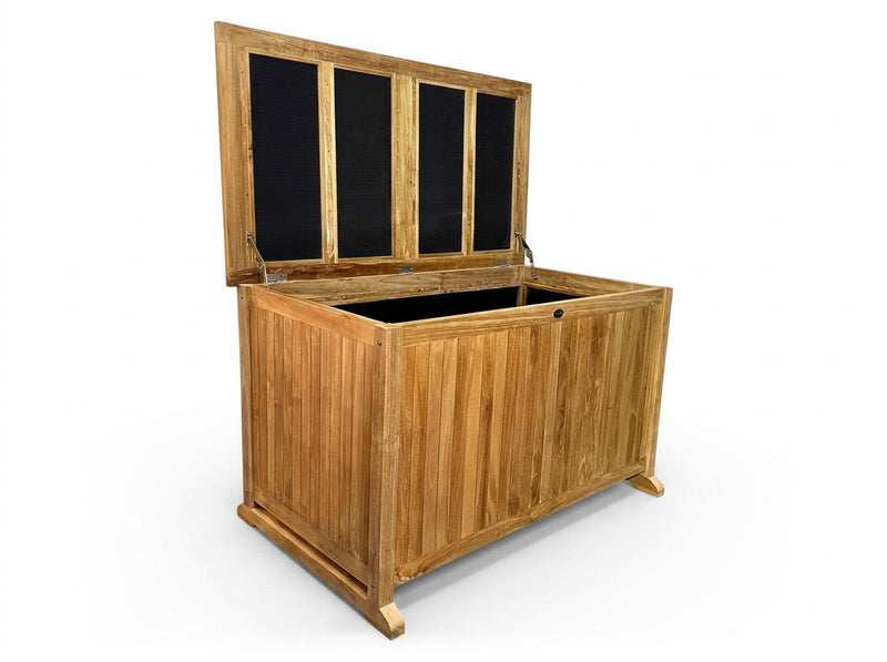teak outdoor cushion storage box side view