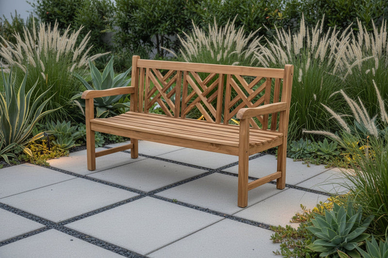 teak Geo cross back garden bench in outdoor setting