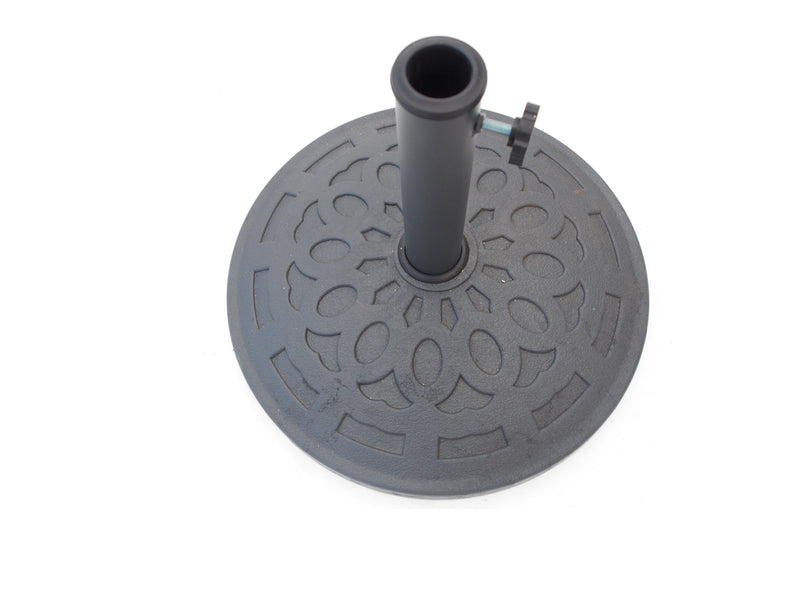 Round outdoor umbrella stand seen from an angle, with its centre tube