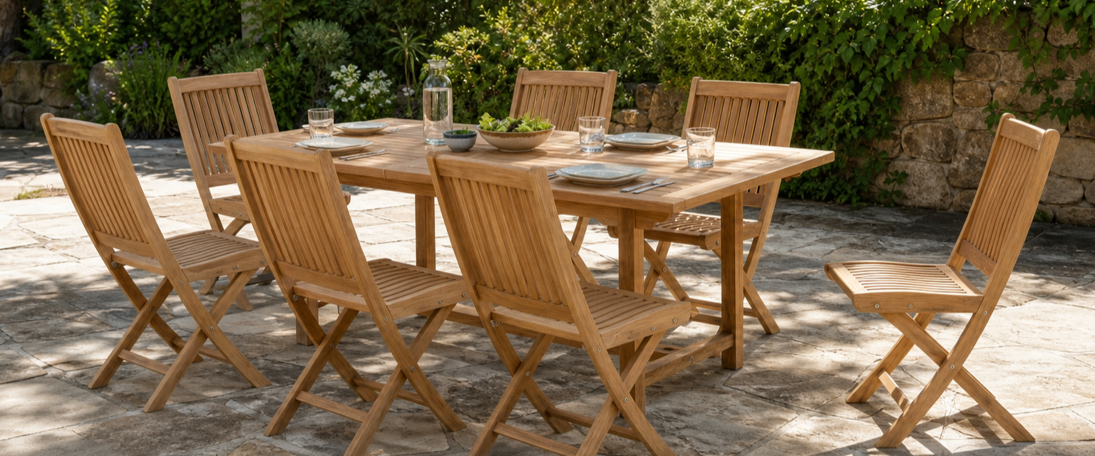 Leo folding teak dining chairs around an Emma teak dining table in a sunny garden