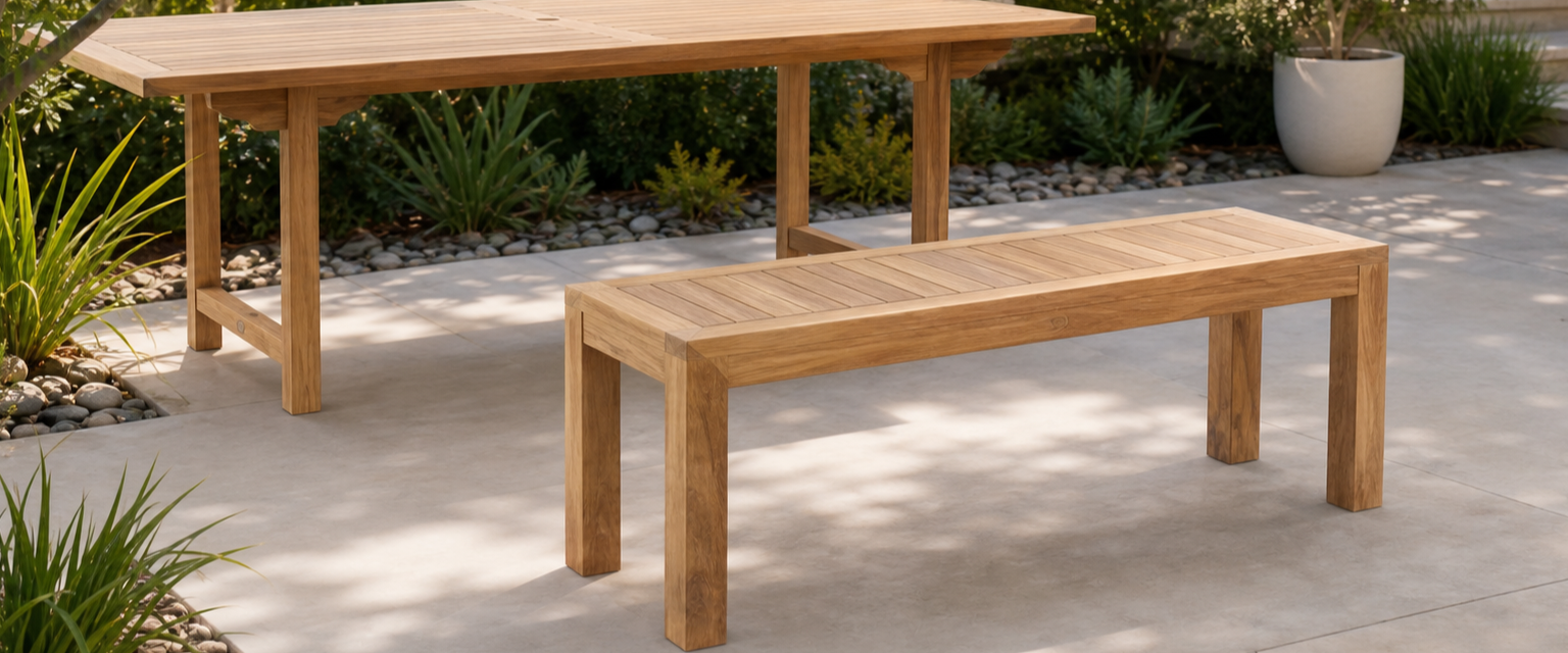 Arrow teak dining benches around an Emma teak dining table in a garden setting