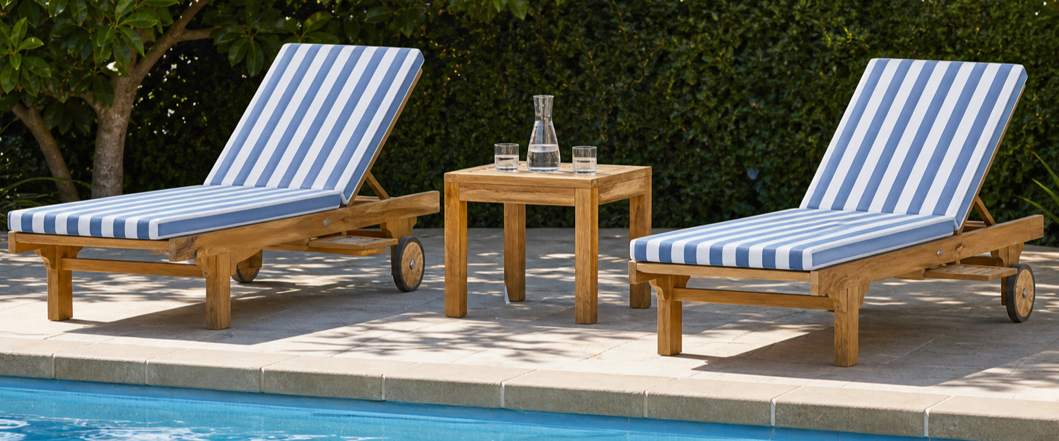Traditional teak sun lounges beside a sunny pool