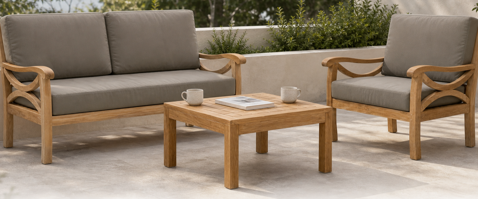 Paris teak outdoor sofa and club chair around a teak coffee table