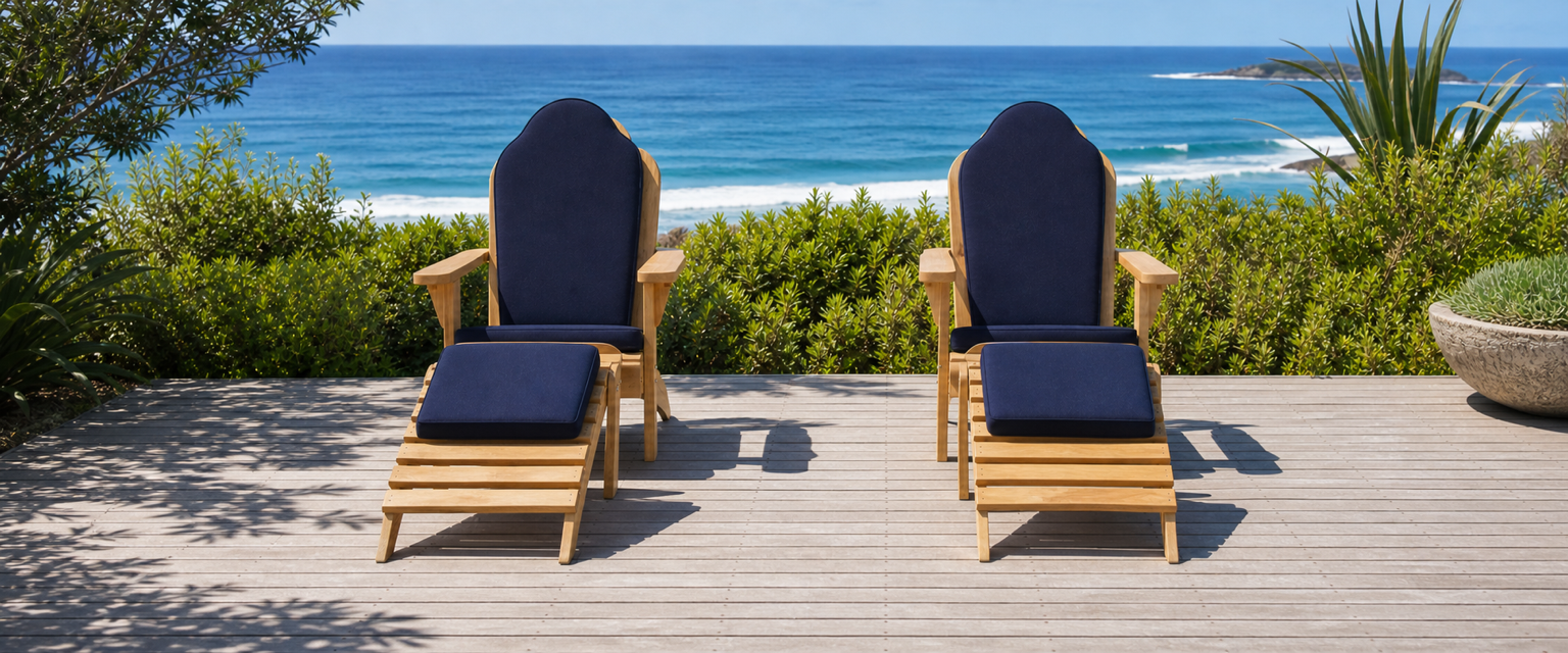 Two teak Adirondack chairs with matching navy cushions and foot stools overlooking the coast