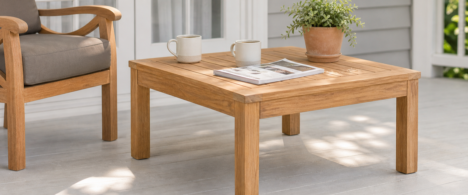 Modern square teak coffee table on a shaded veranda