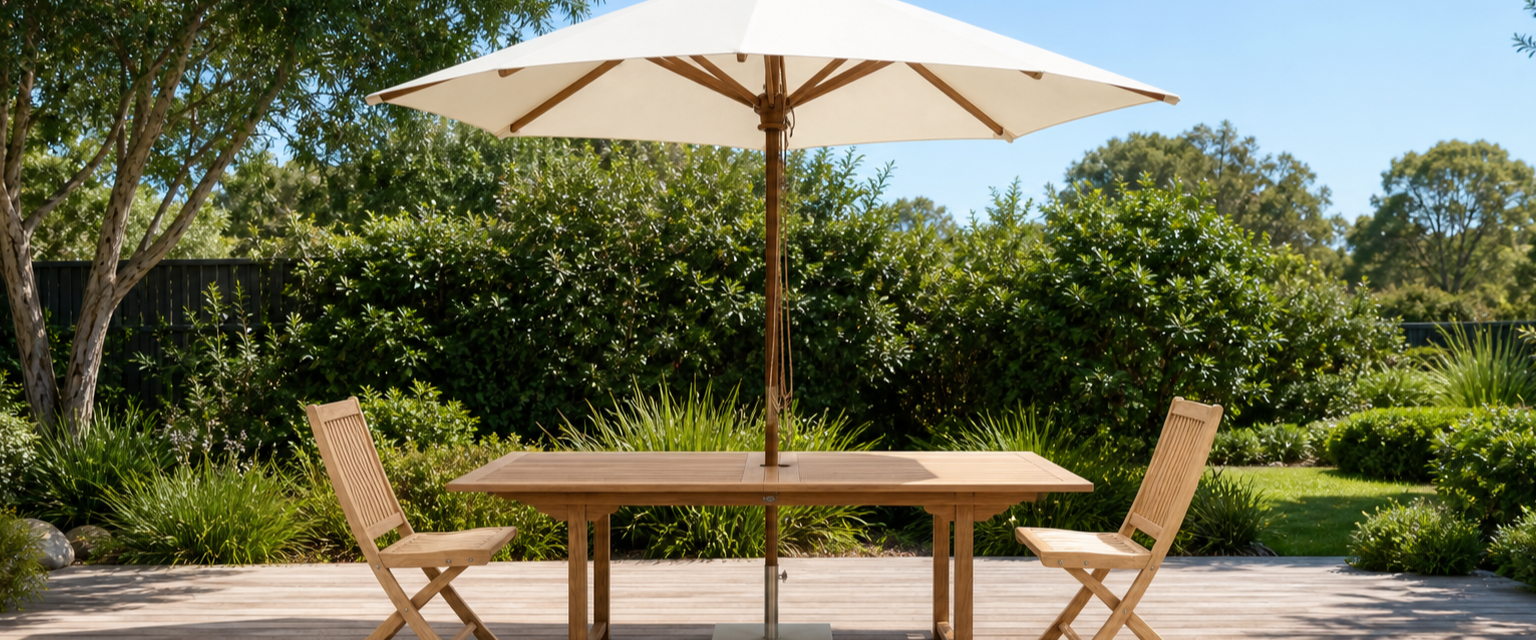 Cream market umbrella shading a teak garden dining setting