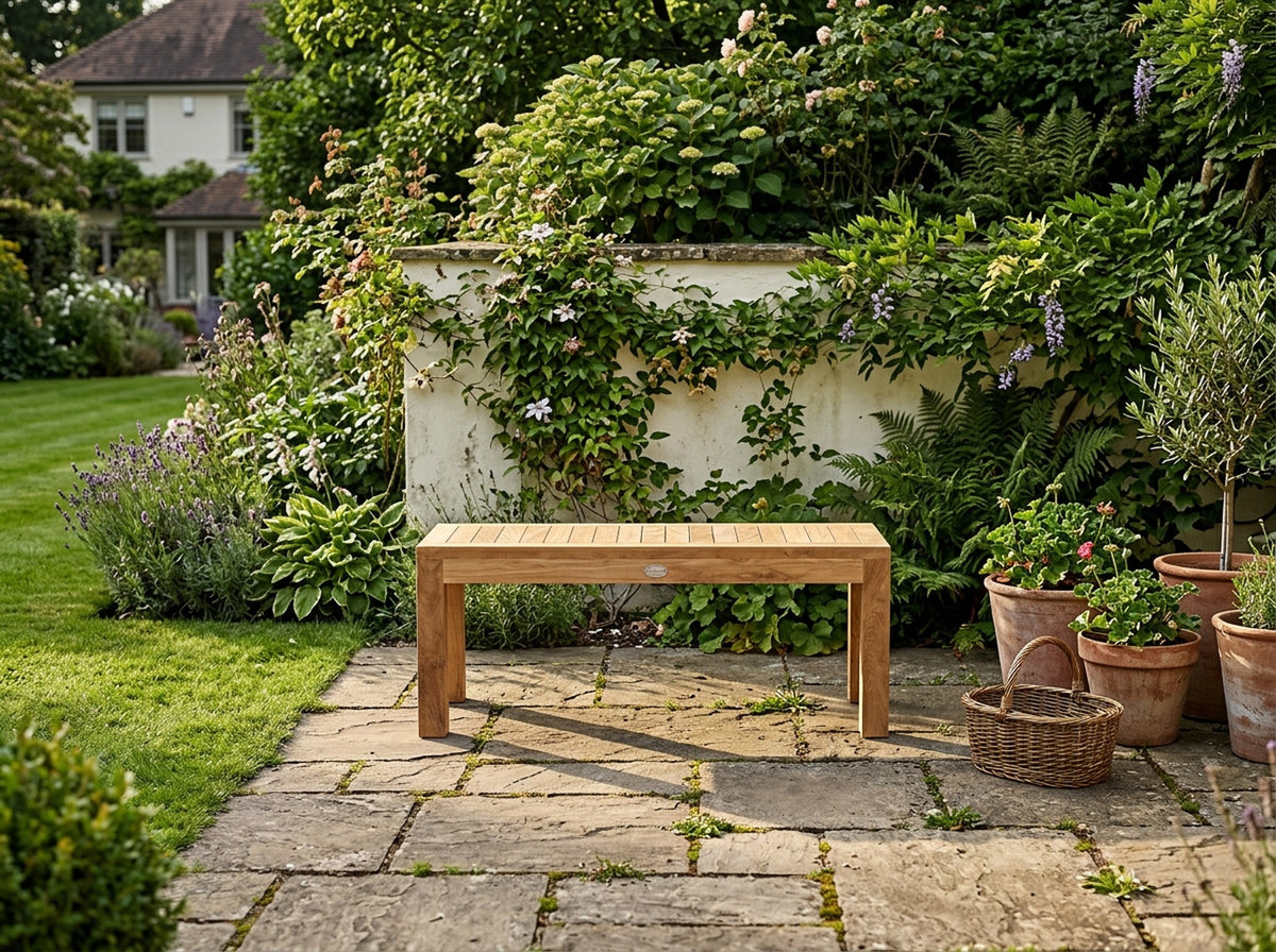 teak Arrow outdoor dining bench in outdoor setting