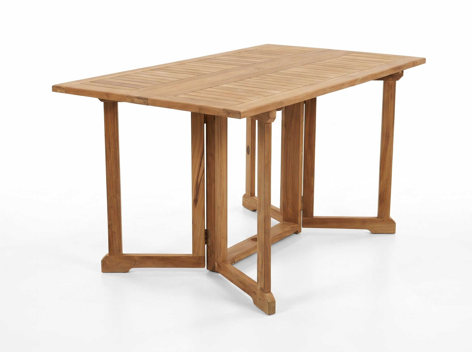 Teak butterfly folding table fully open on a white background
