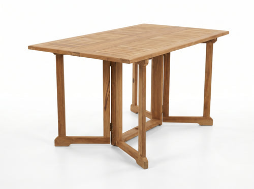 Teak butterfly folding table fully open on a white background