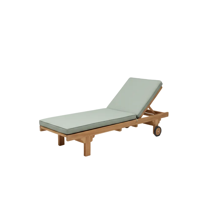 Wooden lounge chair with a light green cushion on a white background