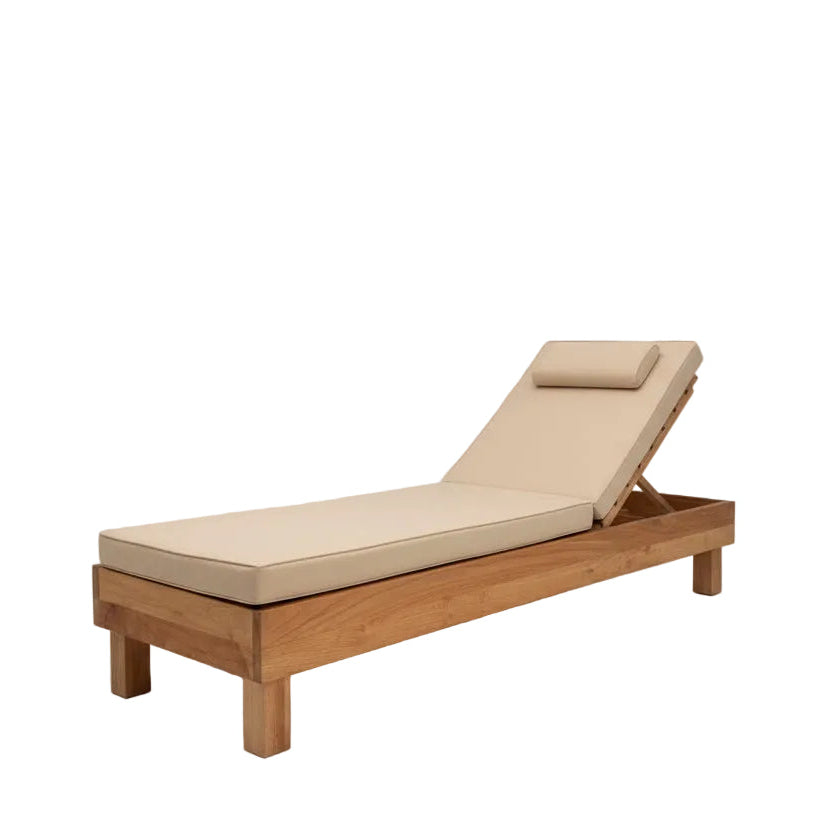 Wooden pool lounge with beige cushion on a gray backgrounds