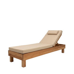 Wooden pool lounge with beige cushion on a gray backgrounds