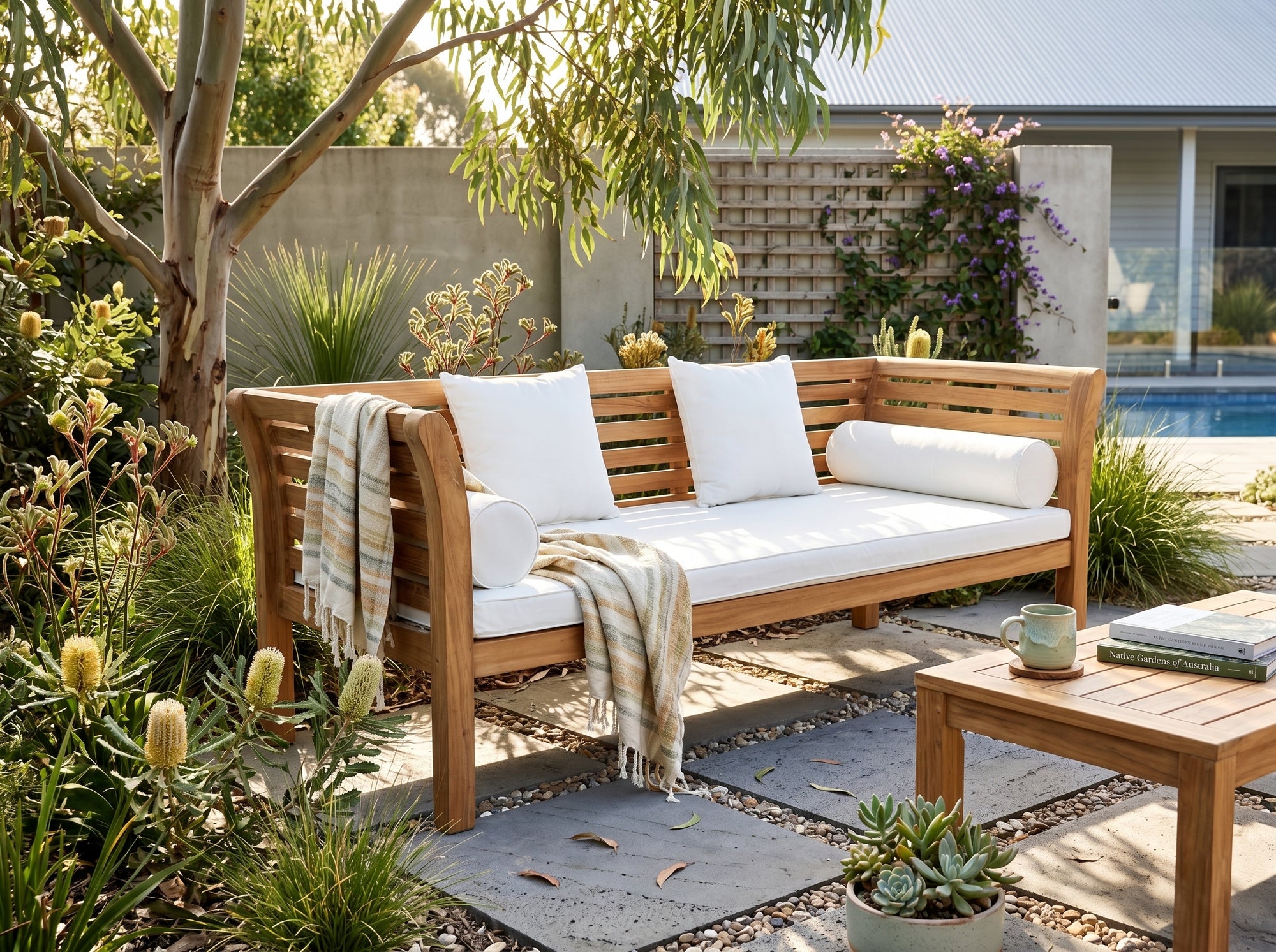 teak Ipanema outdoor daybed with cushions in outdoor setting