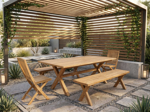 teak cross leg rectangular outdoor dining table in outdoor setting