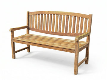 teak oval garden bench angled view