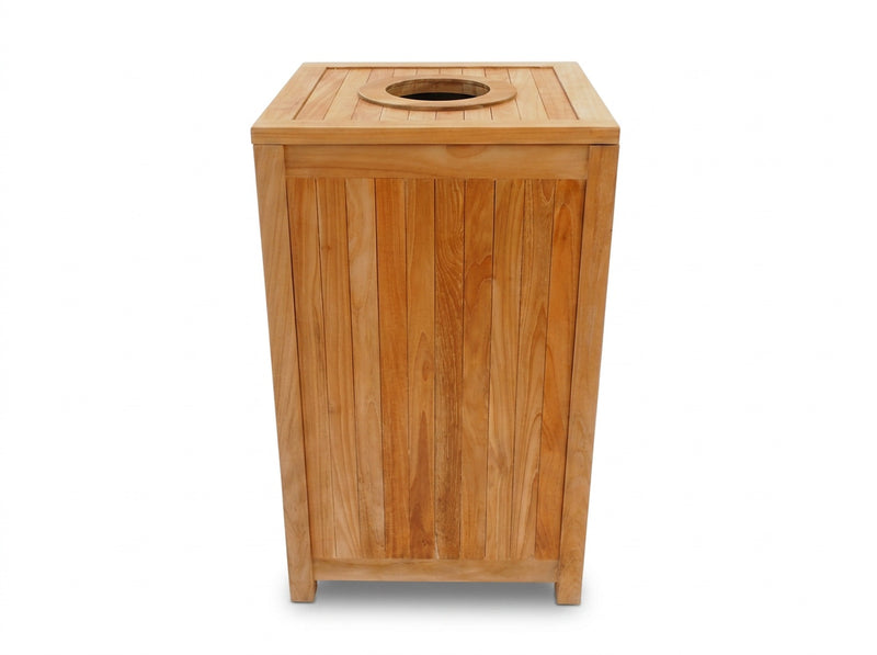 teak outdoor rubbish bin with top access front view