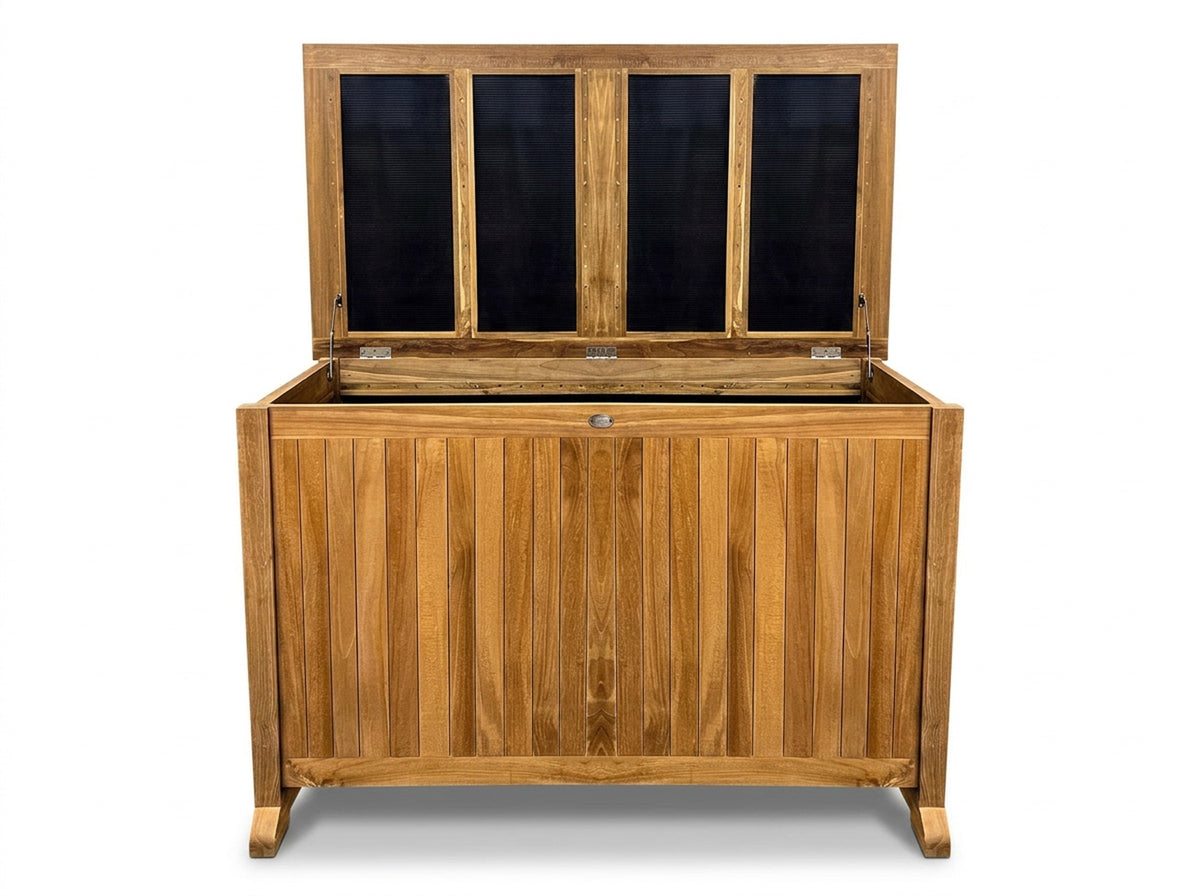 teak outdoor cushion storage box front view