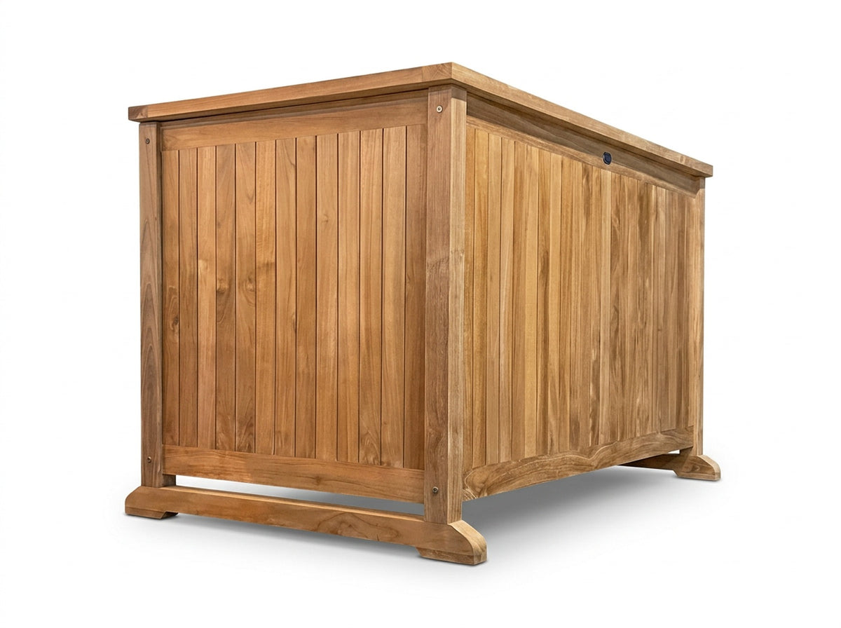 teak outdoor cushion storage box side view