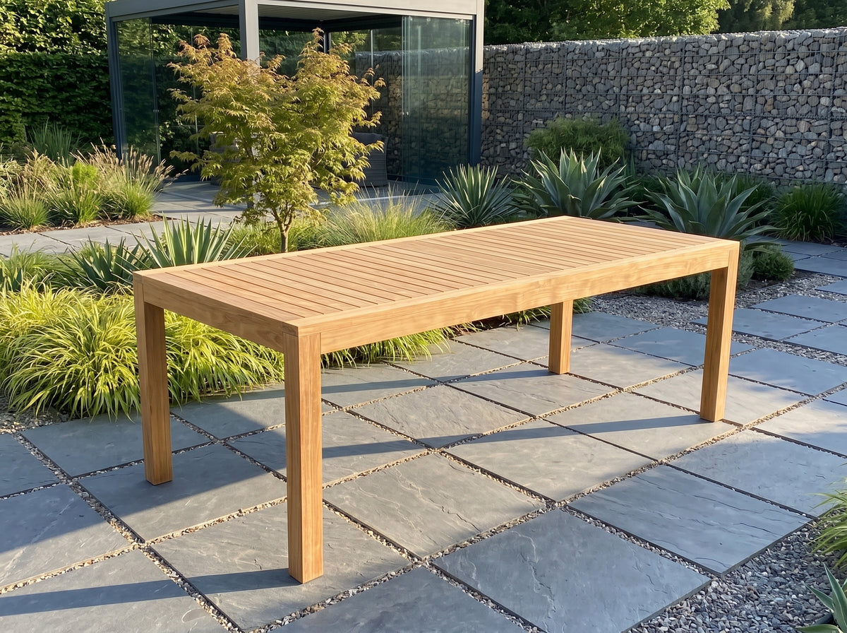 teak rectangular outdoor dining table in outdoor setting