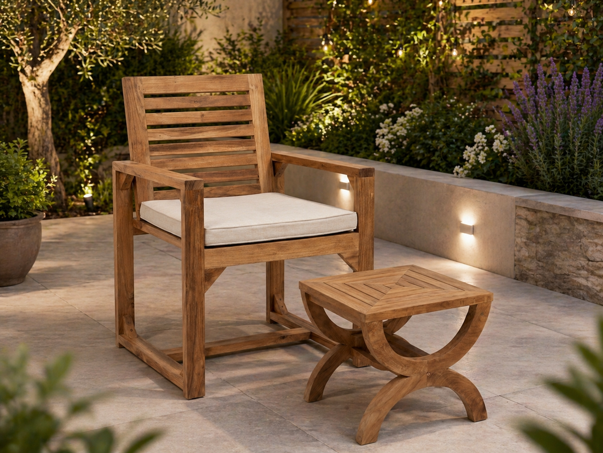 teak Paris square outdoor coffee table in outdoor setting