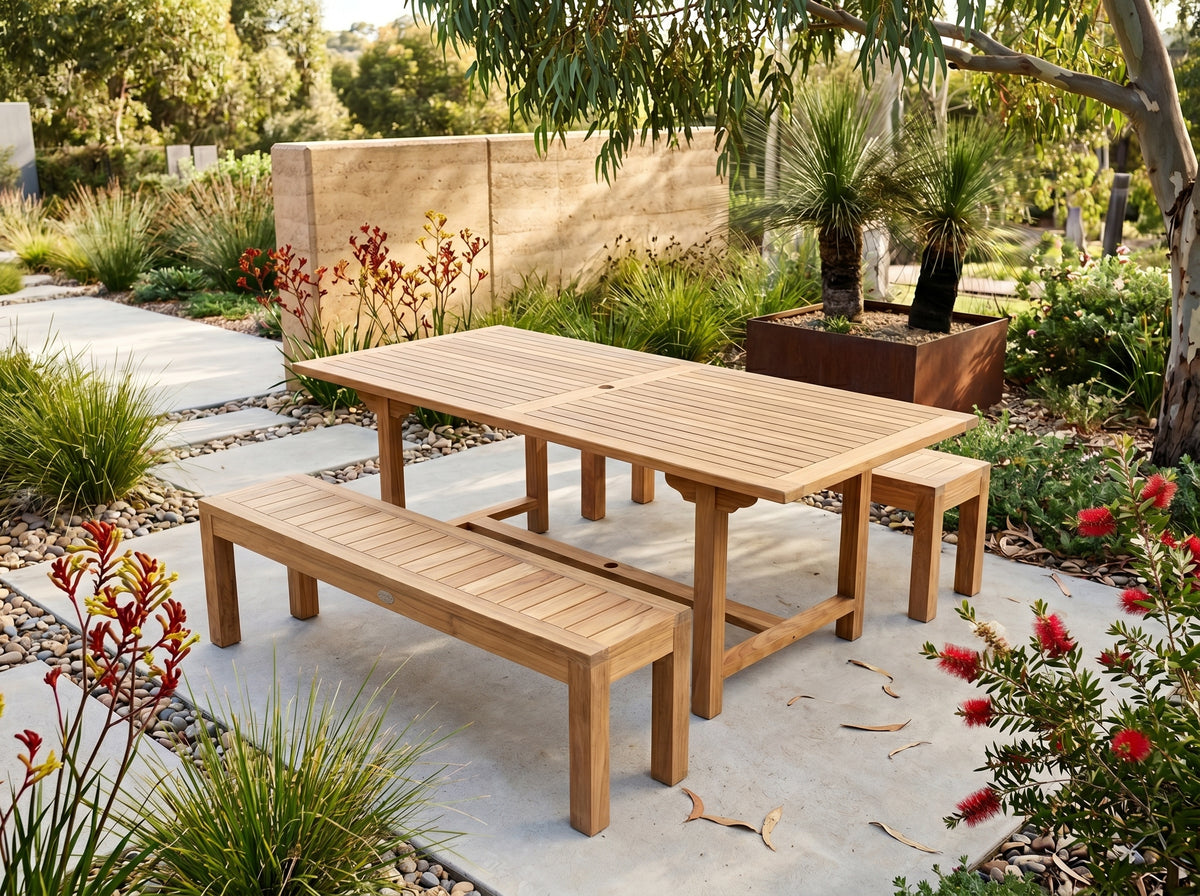 teak Emma fixed rectangular outdoor dining table in outdoor setting