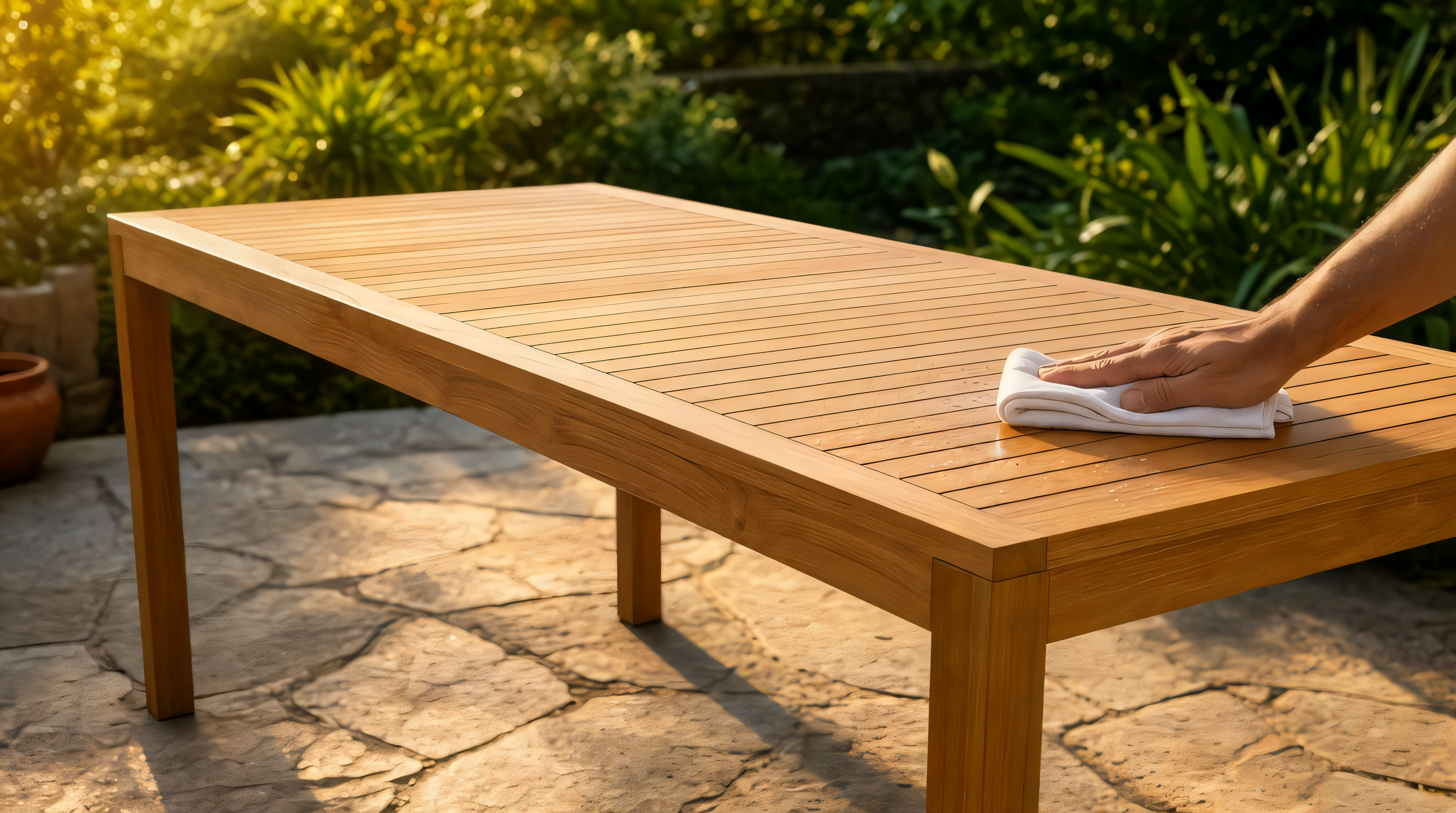 Hand wiping the slatted top of a Deluxe teak dining table with a soft white cloth, water beading on the protected surface