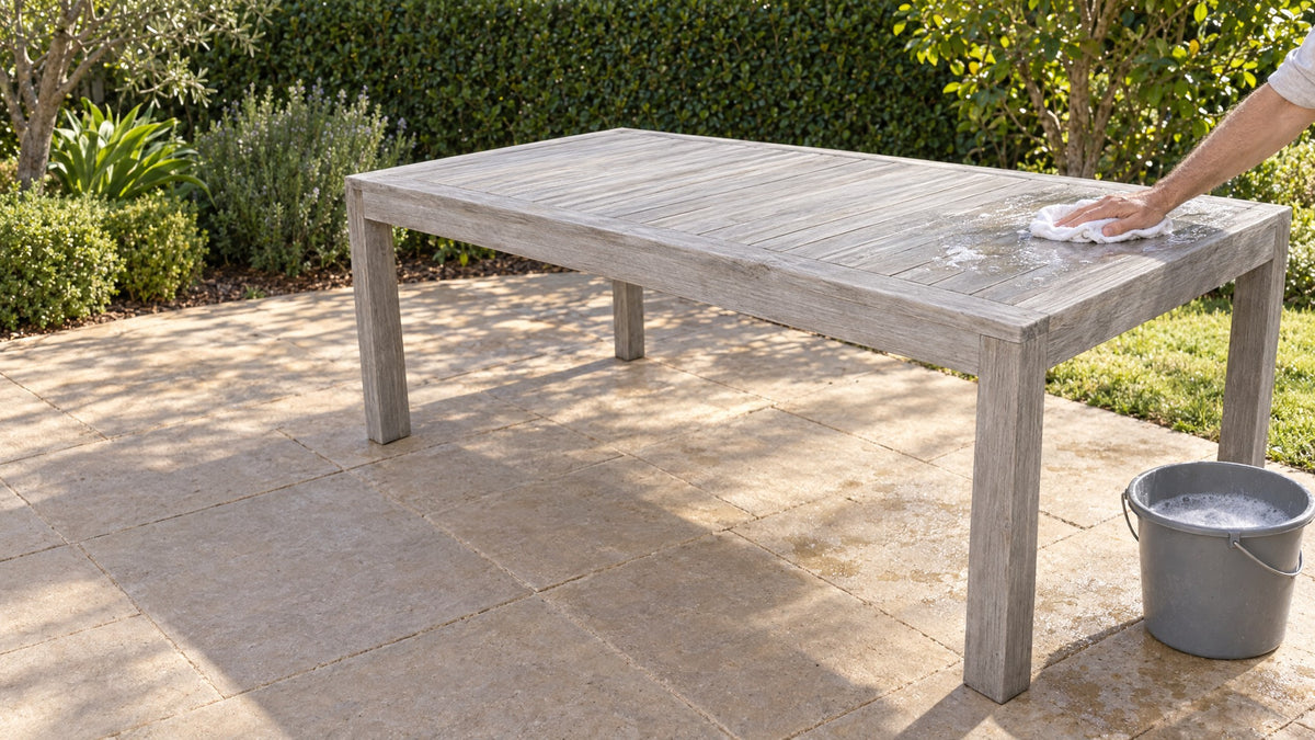 Weathered silver-grey Deluxe teak dining table being cleaned with a white cloth, bucket of soapy water beside it