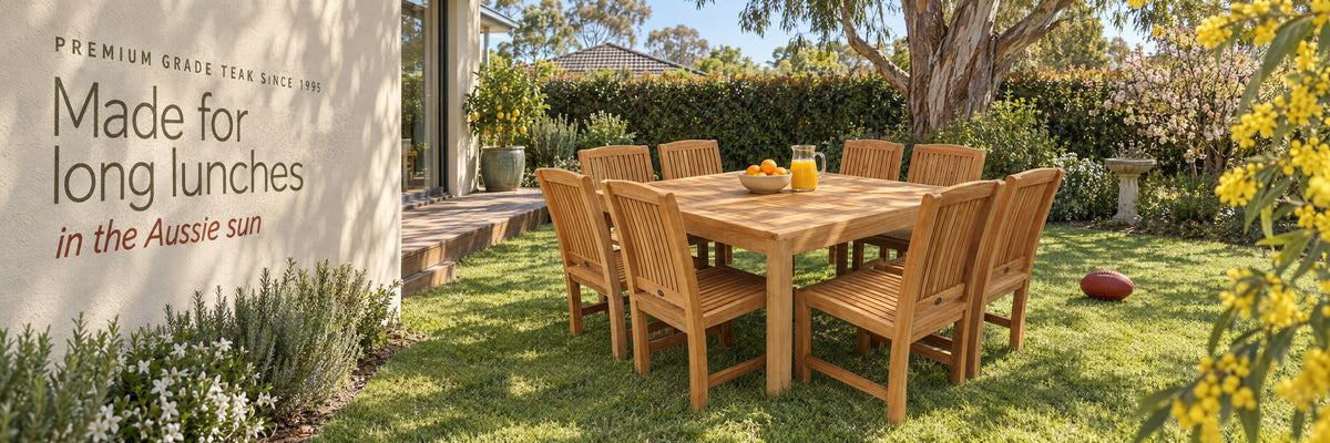 Teak dining setting with eight chairs on a sunny backyard lawn, Made for long lunches in the Aussie sun painted on the house wall