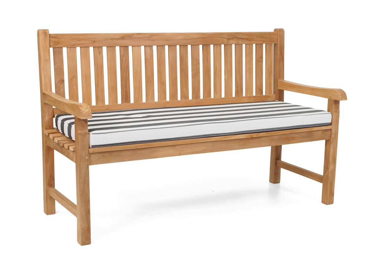 Hyde Park teak garden bench with Denim & White Stripe Sunproof cushion