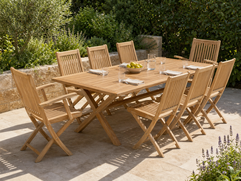 Leo folding teak dining chairs around a Cross Leg teak dining table in a sunny garden