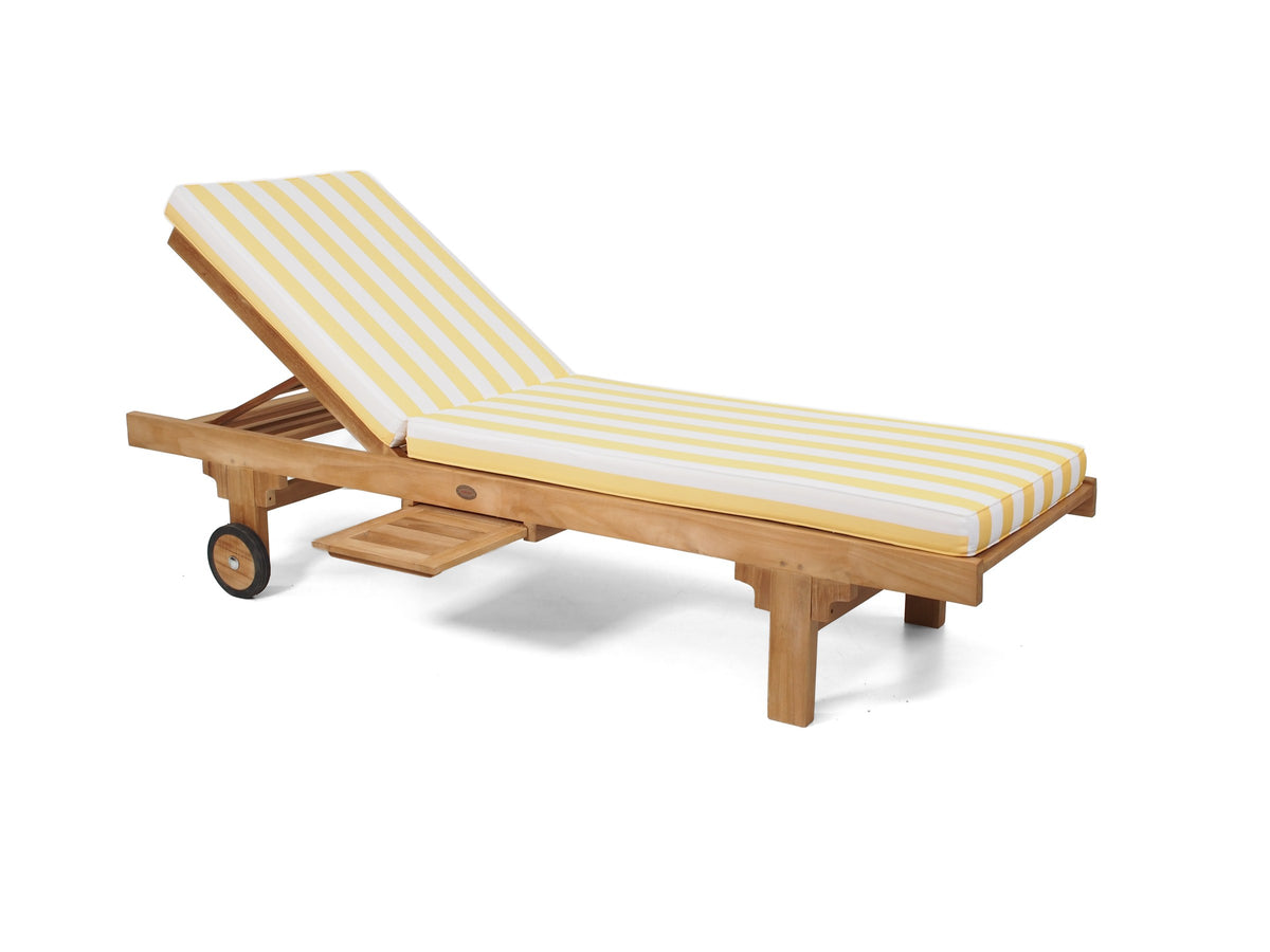 Traditional teak pool lounge with Yellow & White Stripe Sunproof cushion