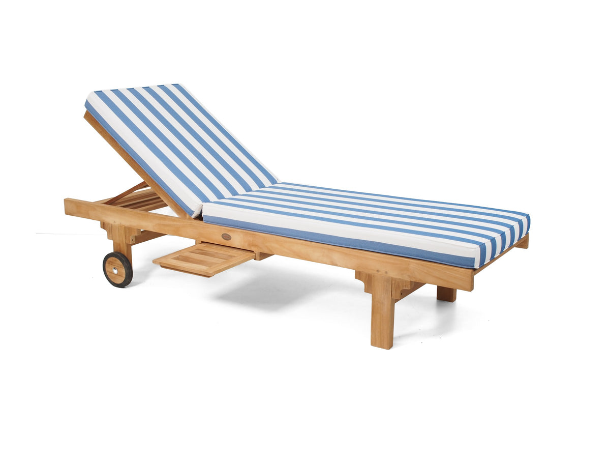 Traditional teak pool lounge with Blue & White Stripe Sunproof cushion