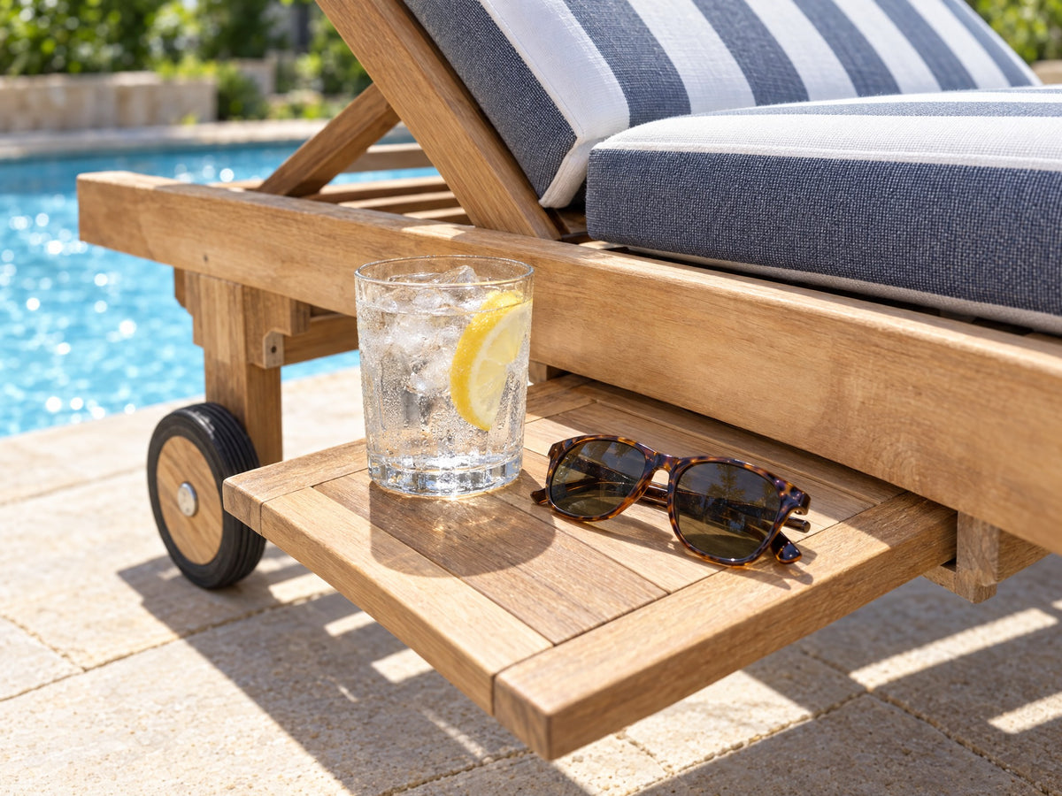 Slide-out drinks tray of the Traditional teak pool lounge with a glass of iced water and sunglasses