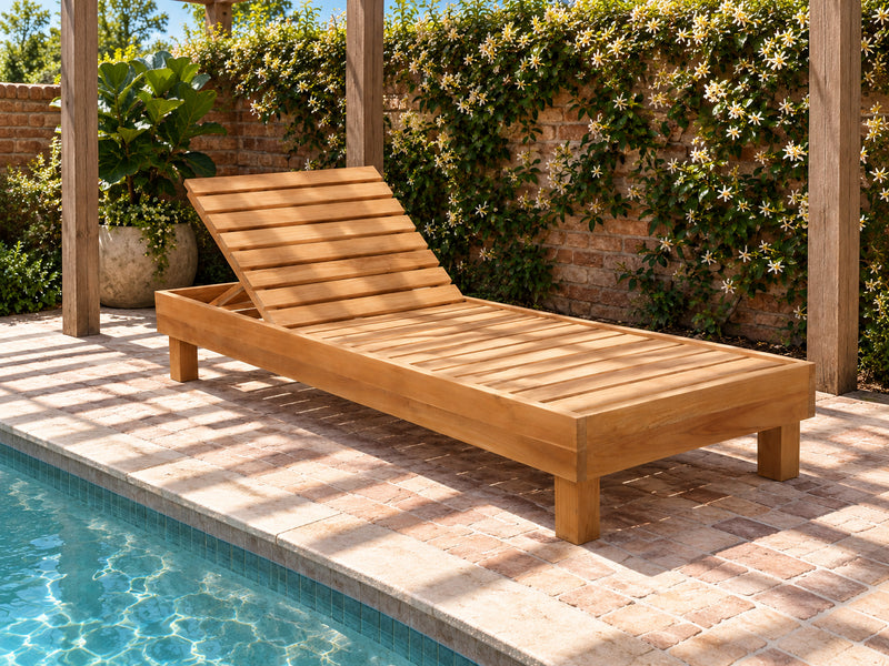 Portsea Wide teak pool lounge without a cushion, showing the slatted teak deck, in a brick courtyard