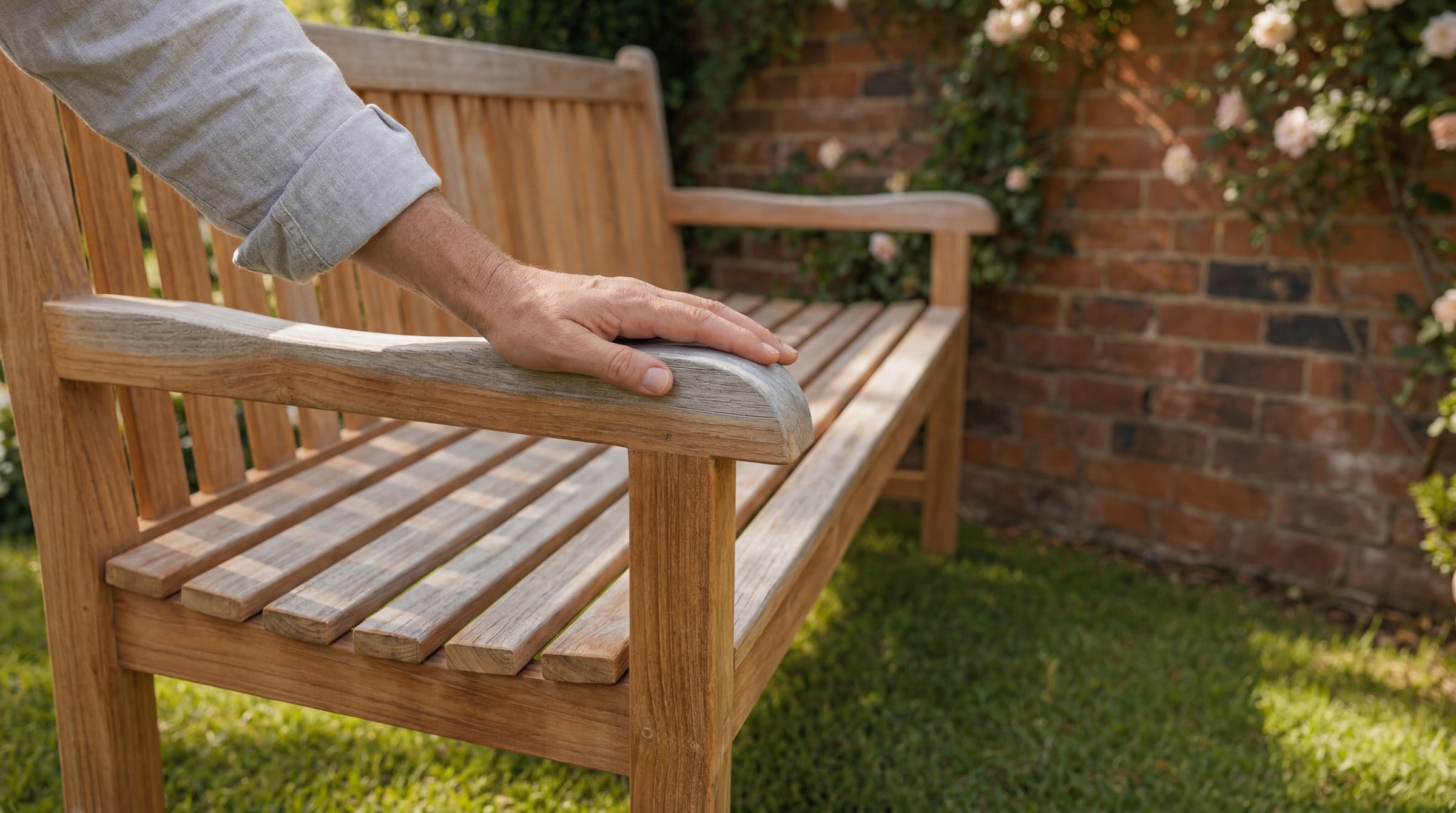 A hand resting on a teak garden bench showing natural weathering, colour variation and fine checking.
