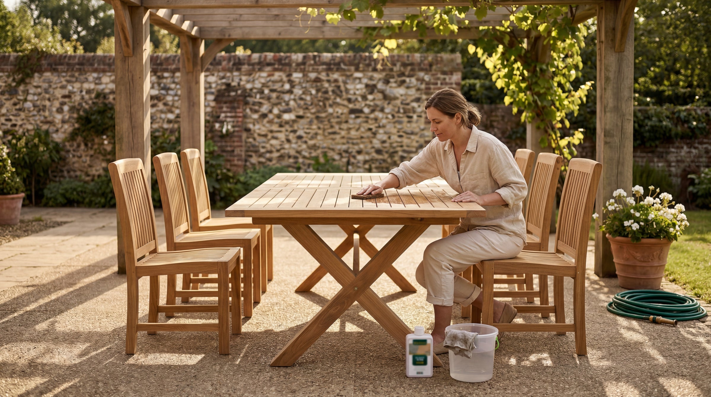A person gently cleaning an outdoor teak dining table with a scrubbing pad in a sunny garden.