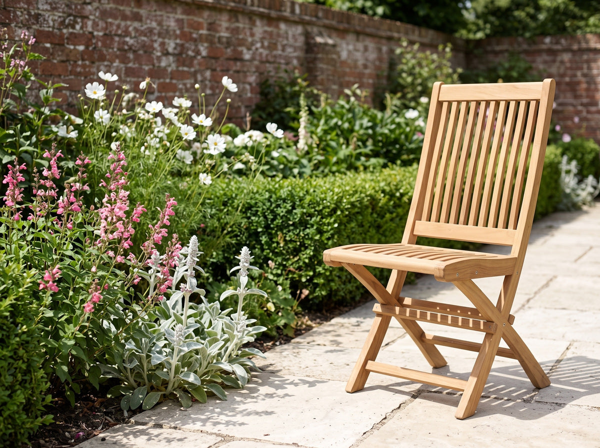Teak Leo folding dining chair on a limestone path beside a flowering garden border