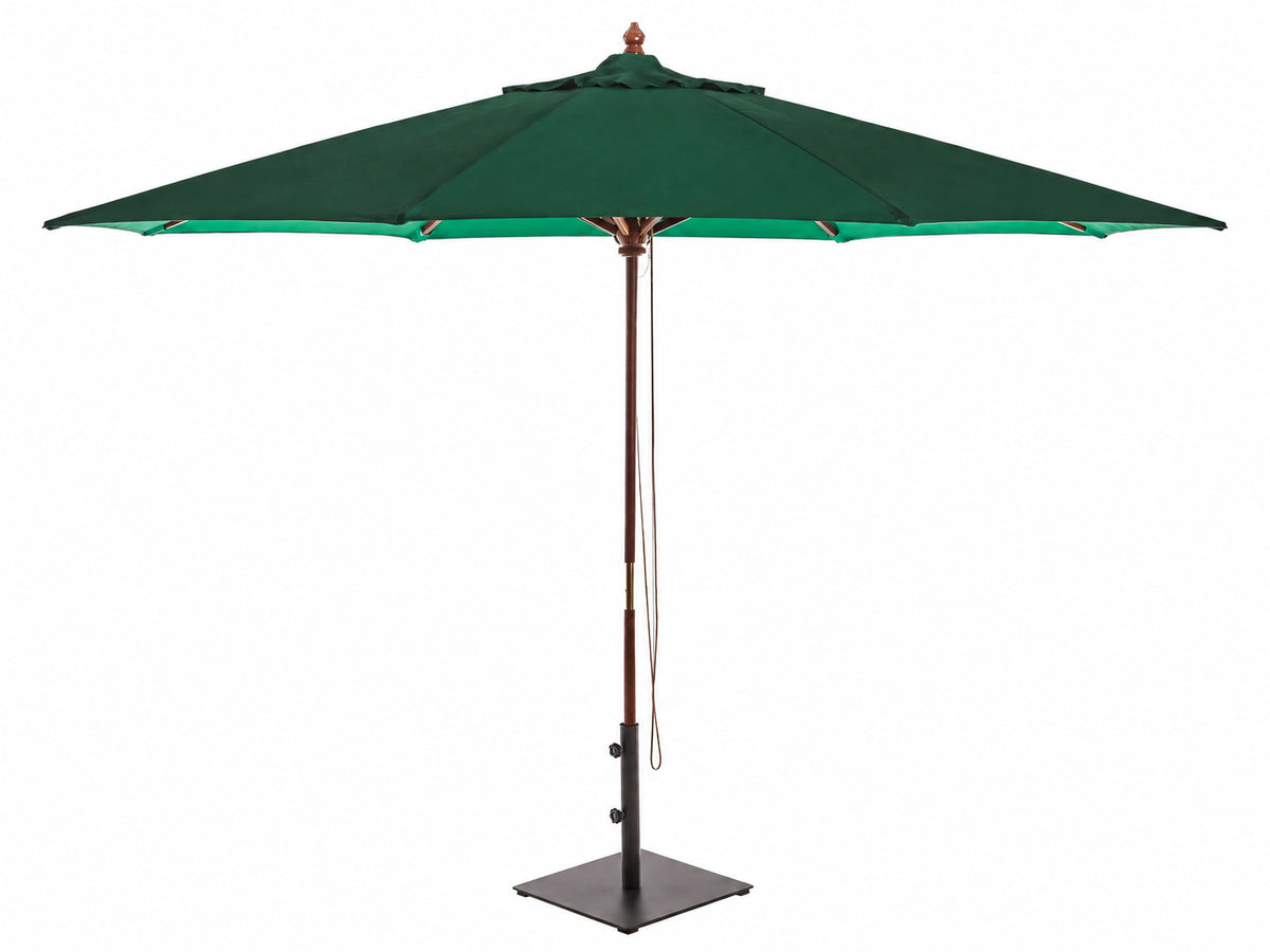 Green market umbrella open, eight panel canopy on a wooden pole with black base