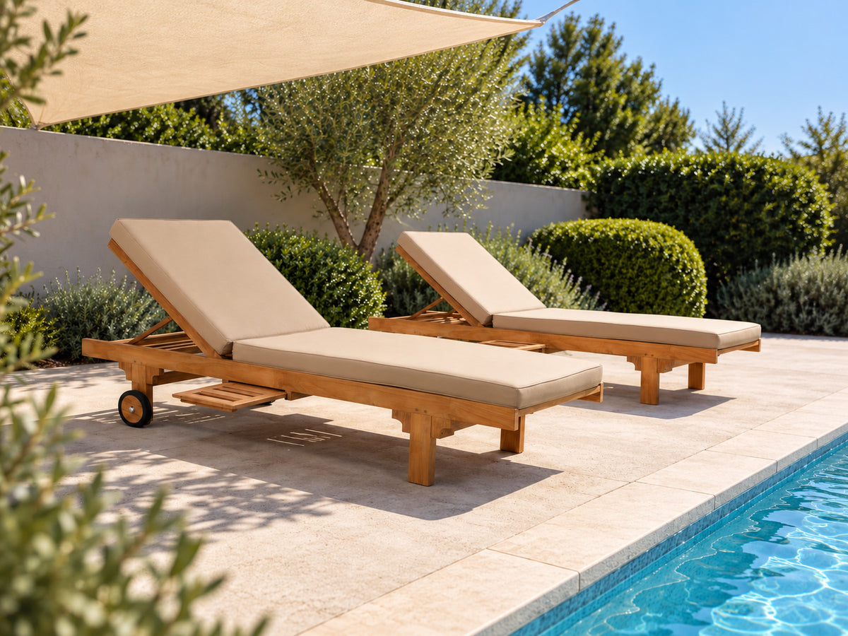 Two Traditional teak pool lounges with oatmeal cushions beside a pool under a shade sail