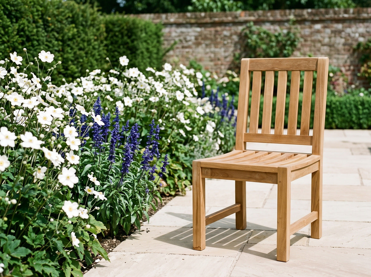 Teak Sierra dining chair on a pale paved terrace beside white anemones and blue salvia