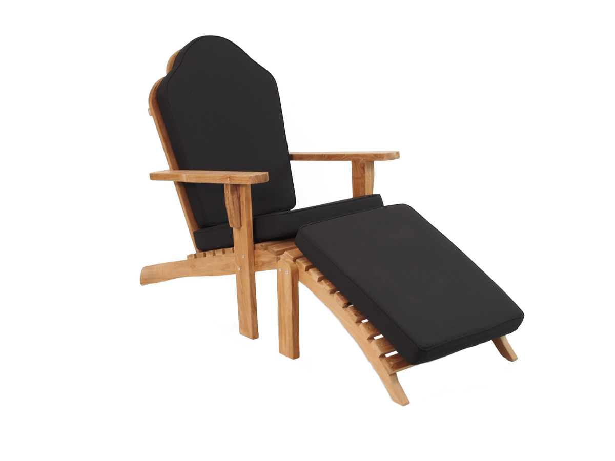 Teak Adirondack chair and foot stool with Black Sunproof cushion